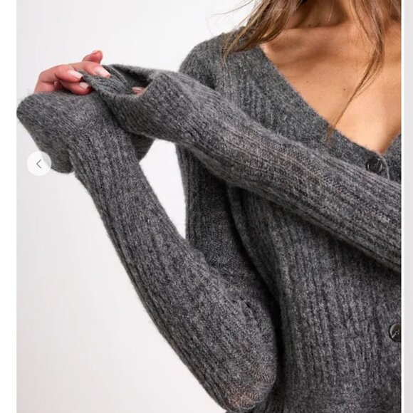 Midge Heather Charcoal Ribbed Knit Ruffled Cardigan Lulus SMALL - Picture 3 of 5